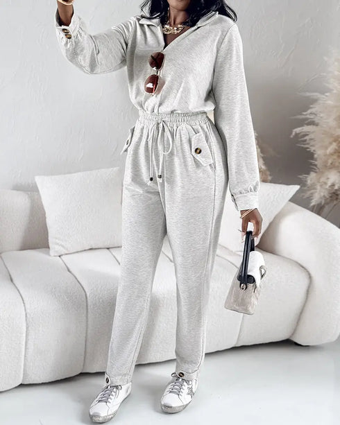 Turn-down Collar Overlap V-Neck Drawstring Stretchy Waist Jumpsuit Casual Flap Pockets Design Jumpsuit beige