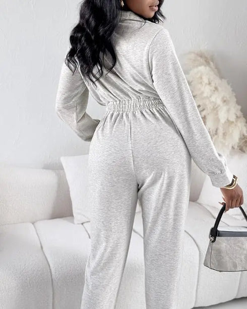 Turn-down Collar Overlap V-Neck Drawstring Stretchy Waist Jumpsuit Casual Flap Pockets Design Jumpsuit beige
