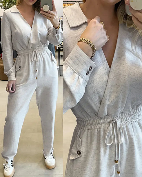 Turn-down Collar Overlap V-Neck Drawstring Stretchy Waist Jumpsuit Casual Flap Pockets Design Jumpsuit beige