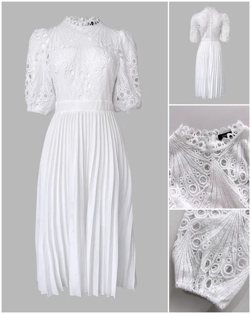 Elegant Women's Puff Long Sleeve V-neck Pleated Maxi Dress Dinner Dress (Without Belt) white