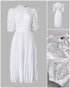 Elegant Women's Puff Long Sleeve V-neck Pleated Maxi Dress Dinner Dress (Without Belt) white