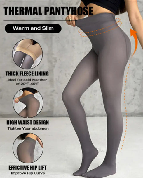 Fleece Lined Tights Sheer Fake Translucent Thermal High Waist Pantyhose Tights Leggings gray