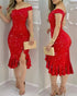 Beaded Details Off The Shoulder Ruffles Hem Slit Bodycon Party Dress red