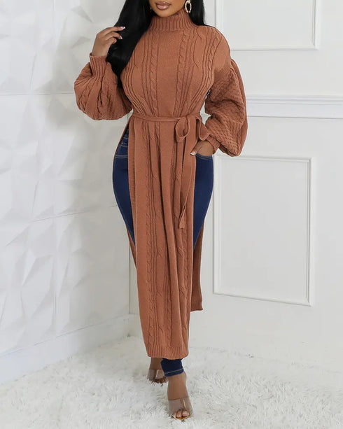 Cable Textured High Neck Lantern Sleeve Bow Tie Waist Sweater Casual High Slit Knit Longline Top coffee