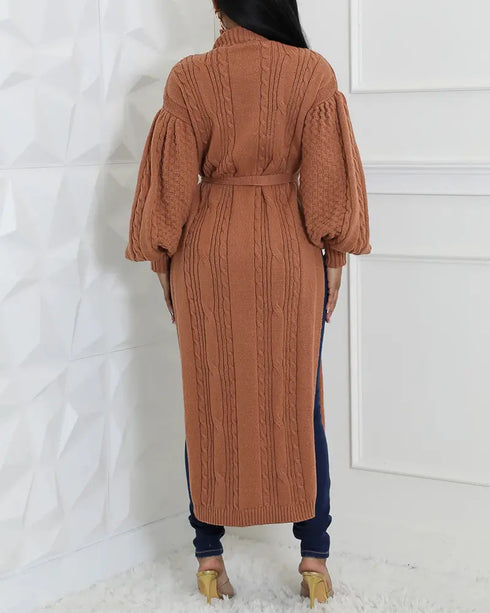 Cable Textured High Neck Lantern Sleeve Bow Tie Waist Sweater Casual High Slit Knit Longline Top coffee