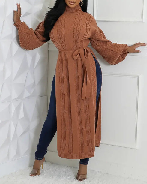 Cable Textured High Neck Lantern Sleeve Bow Tie Waist Sweater Casual High Slit Knit Longline Top coffee