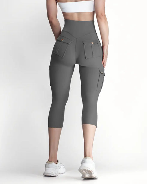 Butt Lifting Biker Capris Leggings High Waist Flap Pocket Workout Capris Gym Pants Dark grey