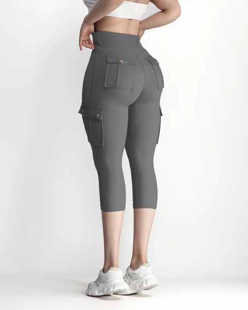 Butt Lifting Biker Capris Leggings High Waist Flap Pocket Workout Capris Gym Pants Dark grey