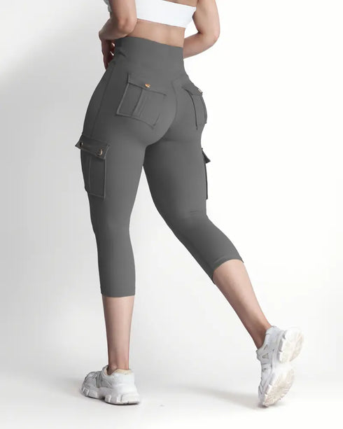 Butt Lifting Biker Capris Leggings High Waist Flap Pocket Workout Capris Gym Pants Dark grey