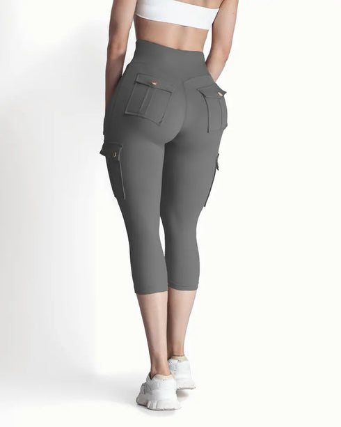 Butt Lifting Biker Capris Leggings High Waist Flap Pocket Workout Capris Gym Pants Dark grey