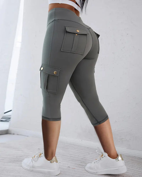 Butt Lifting Biker Capris Leggings High Waist Flap Pocket Workout Capris Gym Pants Dark grey