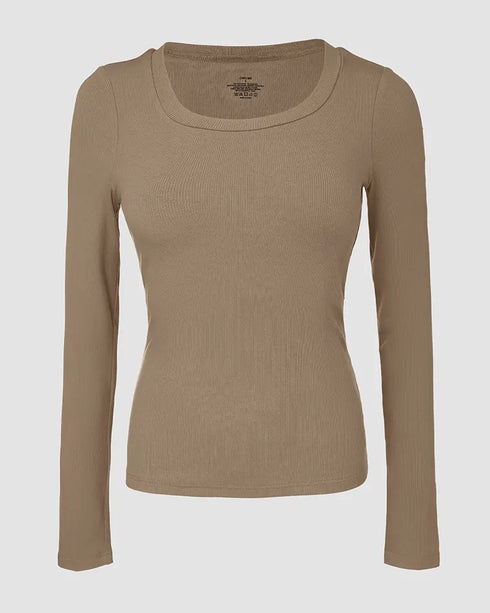 ChicMe Built-in Bra U-Neck Long Sleeve Ribbed Top khaki