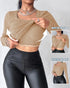 ChicMe Built-in Bra U-Neck Long Sleeve Ribbed Top khaki