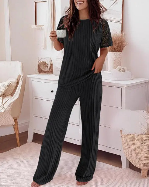 2 Pieces Outfit Letter Placement Print Long Sleeve Drop Shoulder Top and Ombre Loose Fit Pants Set Casual Pajamas Set black