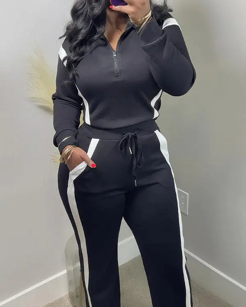 2 Pieces Outfit Half Zip Long Sleeve Top and Drawstring Elastic Waist Pants Set Casual Contrast Paneled Side Set blackwhite