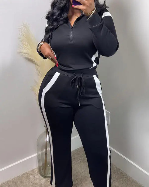 2 Pieces Outfit Half Zip Long Sleeve Top and Drawstring Elastic Waist Pants Set Casual Contrast Paneled Side Set blackwhite