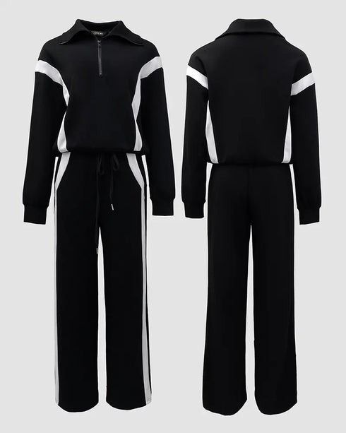 2 Pieces Outfit Half Zip Long Sleeve Top and Drawstring Elastic Waist Pants Set Casual Contrast Paneled Side Set blackwhite