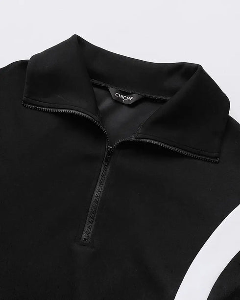 2 Pieces Outfit Half Zip Long Sleeve Top and Drawstring Elastic Waist Pants Set Casual Contrast Paneled Side Set blackwhite