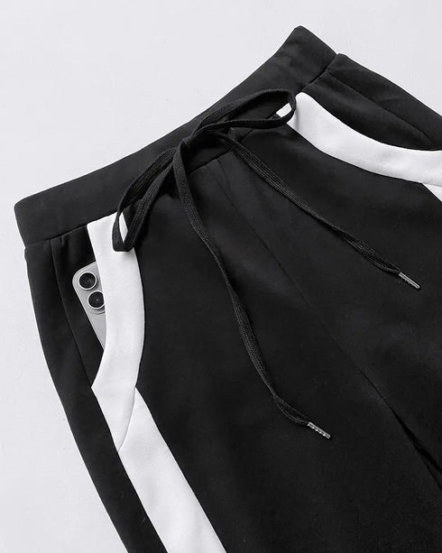 2 Pieces Outfit Half Zip Long Sleeve Top and Drawstring Elastic Waist Pants Set Casual Contrast Paneled Side Set blackwhite