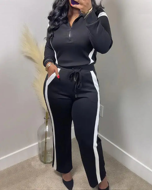 2 Pieces Outfit Half Zip Long Sleeve Top and Drawstring Elastic Waist Pants Set Casual Contrast Paneled Side Set blackwhite