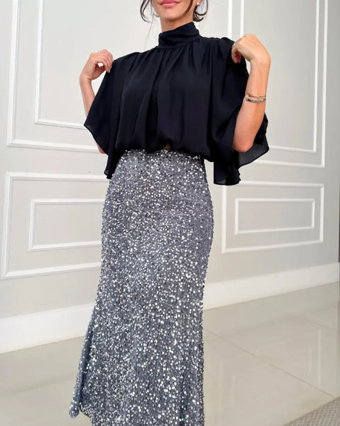 High Neck Batwing Sleeve Ruched Hollow-out Back Chiffon Blouse Casual Top black