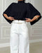 High Neck Batwing Sleeve Ruched Hollow-out Back Chiffon Blouse Casual Top black
