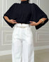 High Neck Batwing Sleeve Ruched Hollow-out Back Chiffon Blouse Casual Top black