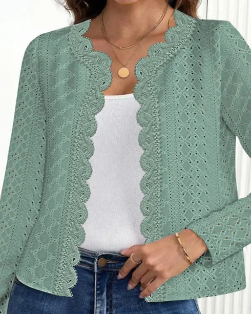 Jacquard Contrast Lace Scallop Trim Open Front Coat Casual Breathable Crop Cardigan green