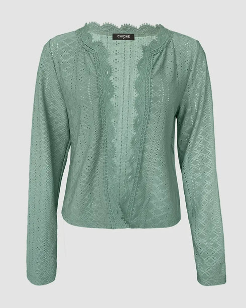 Floral Print Open Front Long Sleeve Casual Contrast Lace Short Cardigan green