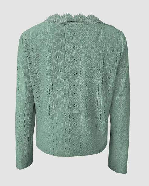 Jacquard Contrast Lace Scallop Trim Open Front Coat Casual Breathable Crop Cardigan green