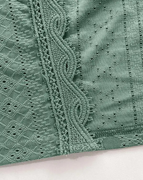 Jacquard Contrast Lace Scallop Trim Open Front Coat Casual Breathable Crop Cardigan green