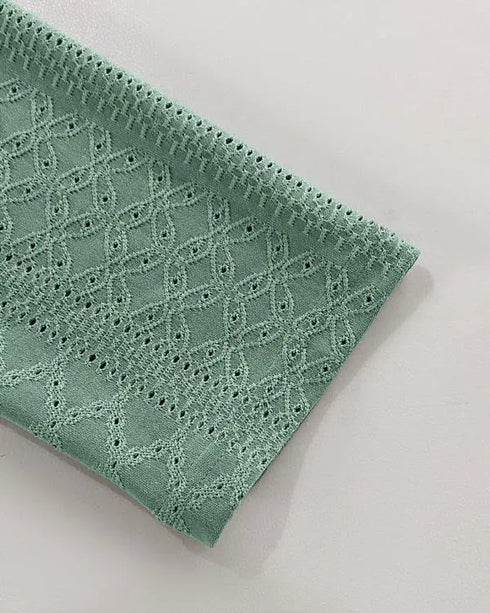 Jacquard Contrast Lace Scallop Trim Open Front Coat Casual Breathable Crop Cardigan green