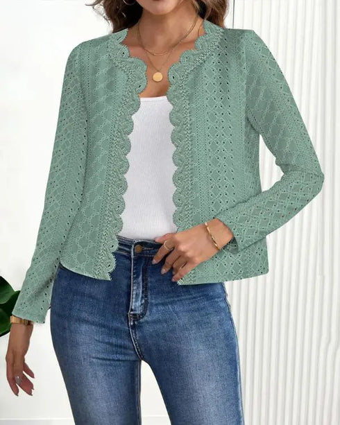 Floral Print Open Front Long Sleeve Casual Contrast Lace Short Cardigan green
