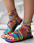 Rainbow Ombre Criss Cross Square Toe Flat Sandals Multicolor
