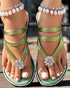 Rhinestone Floral Pattern Toe Post Beach Slippers green