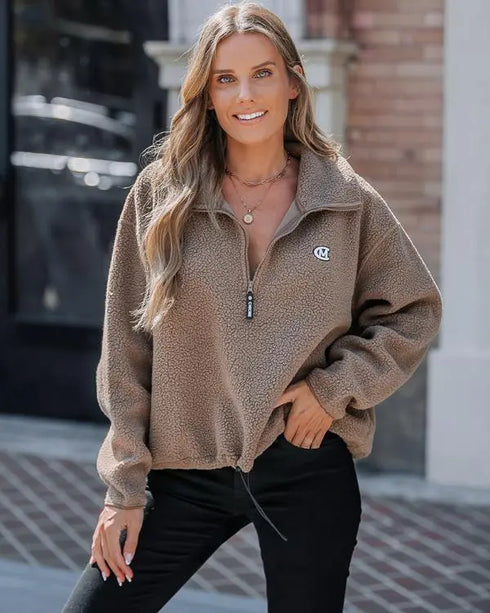 Stand Collar Zipper Design Casual Sweatshirt Light Coffee