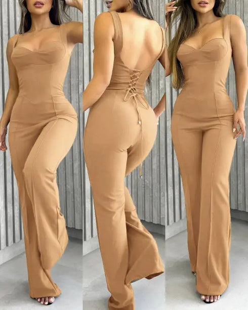 Sweetheart Neck Sequin Floral Mesh Sleeves Lace-up Back Jumpsuit Casual Backless Seam Front Flared Jumpsuit khaki