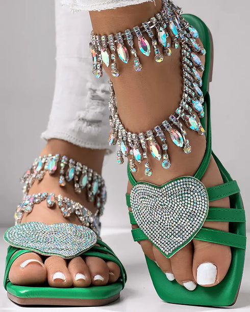 Heart Pattern Rhinestone Decor Slippers green