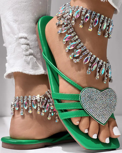 Heart Pattern Rhinestone Decor Slippers green