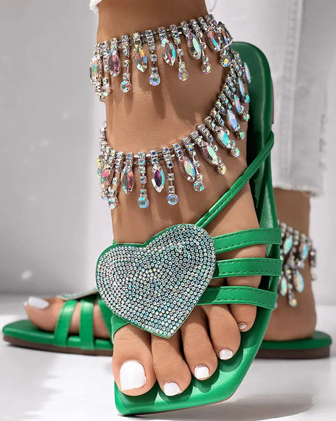 Heart Pattern Rhinestone Decor Slippers green