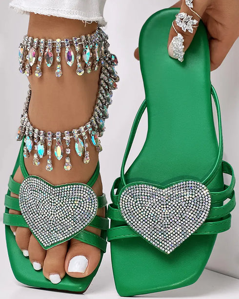 Heart Pattern Rhinestone Decor Slippers green