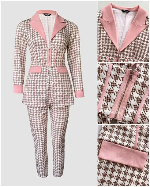 Houndstooth Print Notched Collar Zip Front Flap Detail Corset Slit Coat and Elastic Waist Slim Fit Pants Set Blazer Set pink