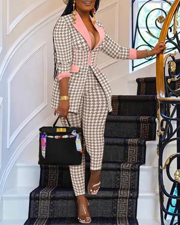 Houndstooth Print Notched Collar Zip Front Flap Detail Corset Slit Coat and Elastic Waist Slim Fit Pants Set Blazer Set pink