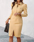 Turn-down Collar Long Sleeve Button Decor Front Slit Slim Fit Mid-Calf Dress Work Bodycon khaki