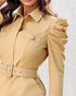 Turn-down Collar Long Sleeve Button Decor Front Slit Slim Fit Mid-Calf Dress Work Bodycon khaki