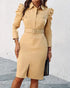 Turn-down Collar Long Sleeve Button Decor Front Slit Slim Fit Mid-Calf Dress Work Bodycon khaki