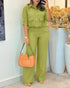 2 Pieces Outfit Turn-down Collar Turn-Up Sleeves Button Front Flap Pockets Design Top and Causal Zipper Fly Elastic Back Waist Wide Leg Pants Set green