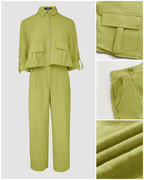 2 Pieces Outfit Turn-down Collar Turn-Up Sleeves Button Front Flap Pockets Design Top and Causal Zipper Fly Elastic Back Waist Wide Leg Pants Set green