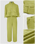 2 Pieces Outfit Turn-down Collar Turn-Up Sleeves Button Front Flap Pockets Design Top and Causal Zipper Fly Elastic Back Waist Wide Leg Pants Set green