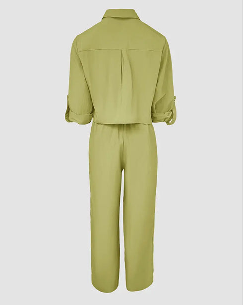 2 Pieces Outfit Turn-down Collar Turn-Up Sleeves Button Front Flap Pockets Design Top and Causal Zipper Fly Elastic Back Waist Wide Leg Pants Set green